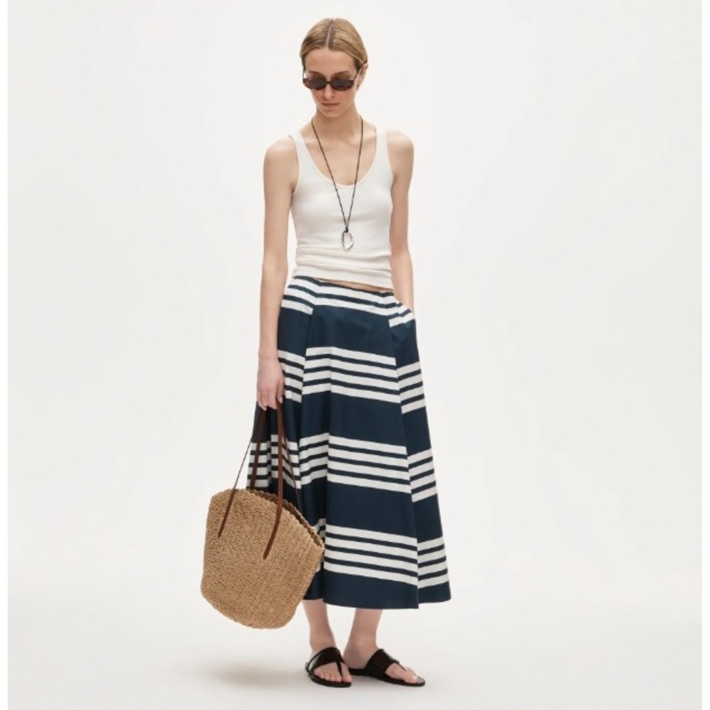 J.Crew Side-Pleat Midi Skirt Sailor-Stripe Cotton Size 8P Navy White Pockets